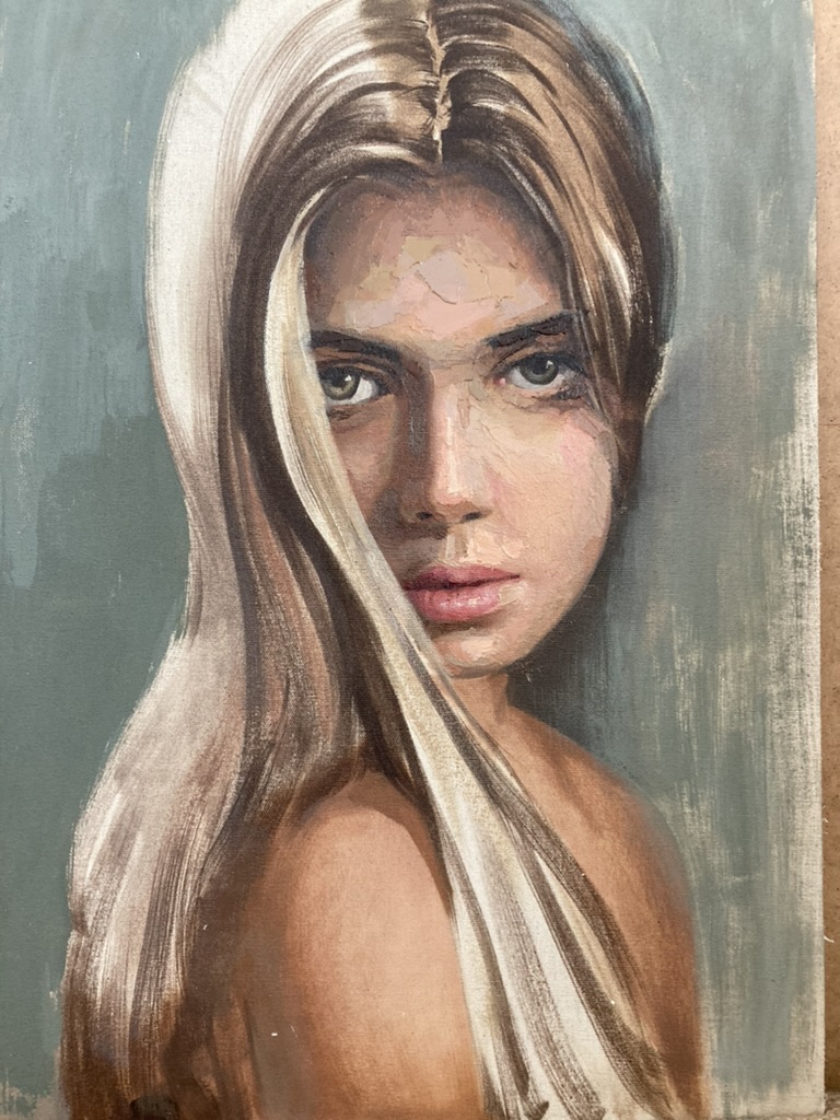 Portrait painting of a woman with long hair against a grey-green background by Vesal Yaghoobi