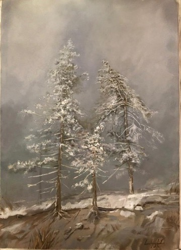 Painting of snow-covered trees by Vesal Yaghoobi