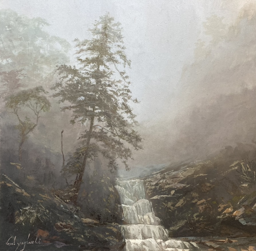 Painting of a misty waterfall landscape by Vesal Yaghoobi