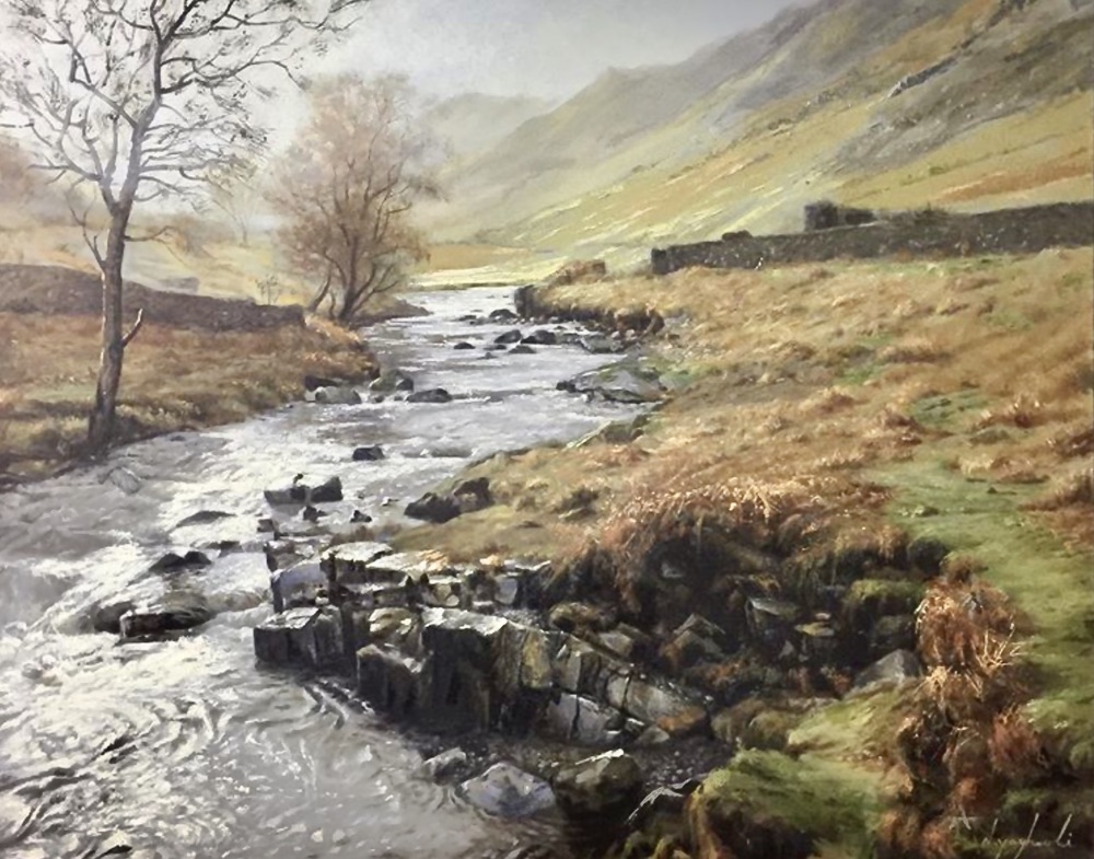 Painting of a river valley landscape by Vesal Yaghoobi