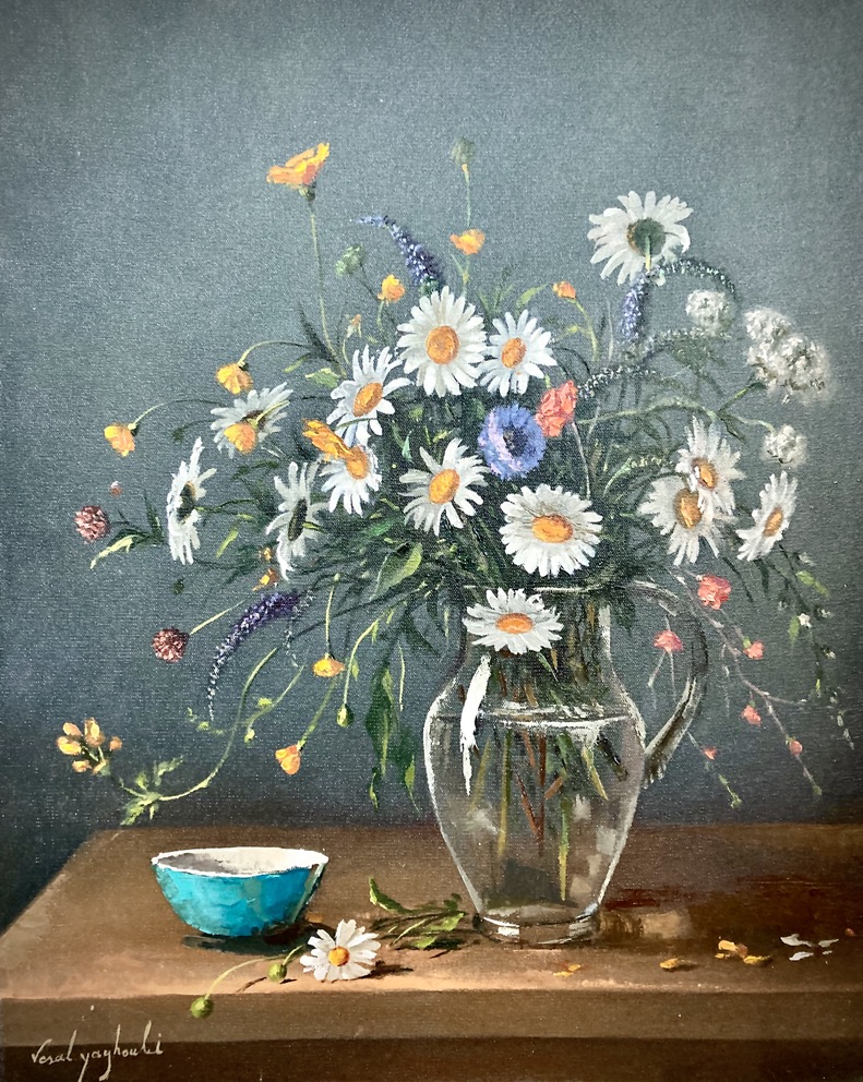 Still life painting of daisies and wildflowers in a glass vase with a turquoise bowl by Vesal Yaghoobi