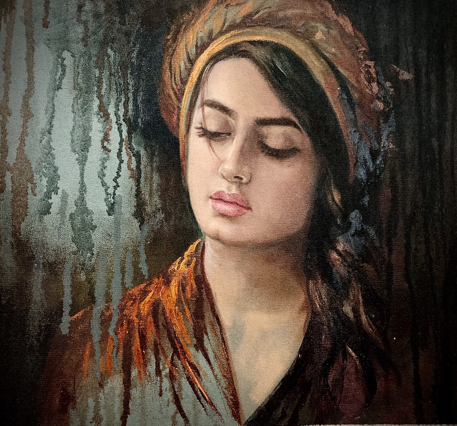 Portrait painting of a woman in an amber headscarf with eyes closed by Vesal Yaghoobi