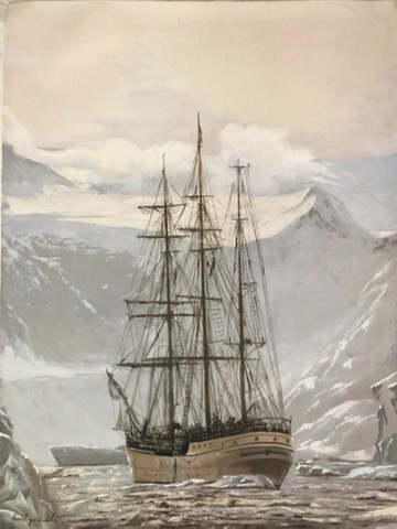 Painting of a sailing ship among ice and mountains by Vesal Yaghoobi