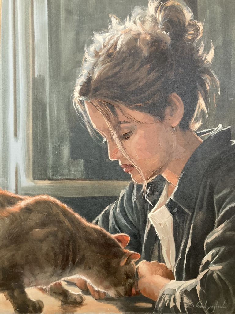 Painting of a woman at a window table with a tabby cat by Vesal Yaghoobi