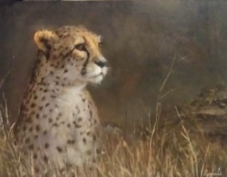 Painting of a cheetah in grass by Vesal Yaghoobi