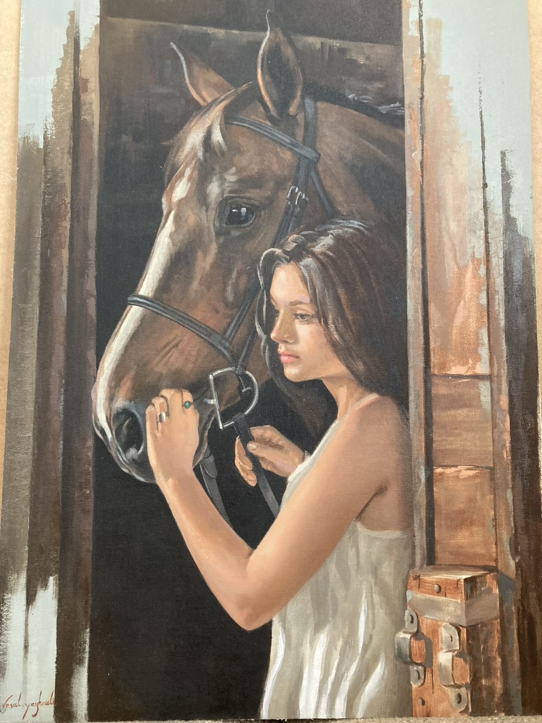 Painting of a woman with a bay horse at a stable door by Vesal Yaghoobi