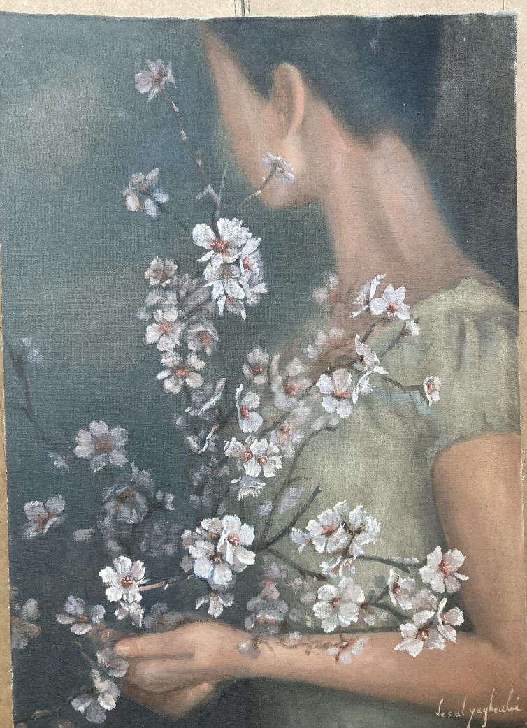 Painting of a woman holding white blossom branches by Vesal Yaghoobi